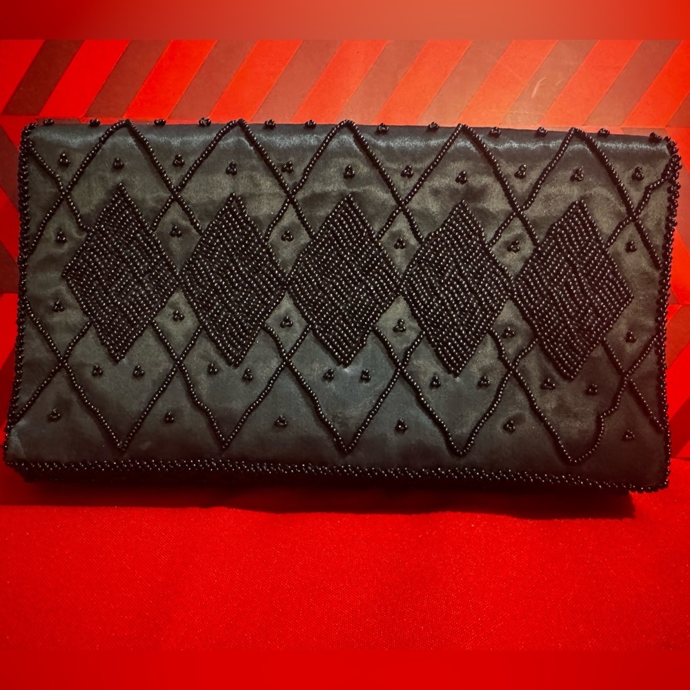 Vintage Handmade Beaded Black Clutch‎ Purse – Satin– Made in Hong Kong